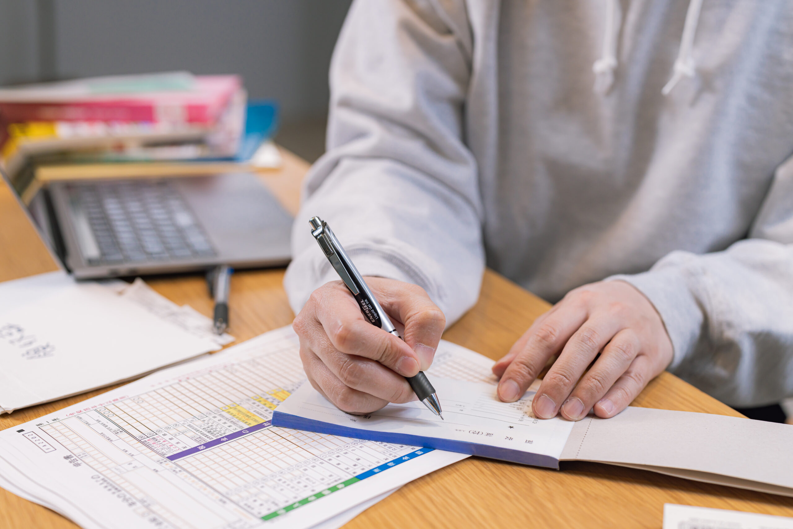 Tax forms spread out on a table